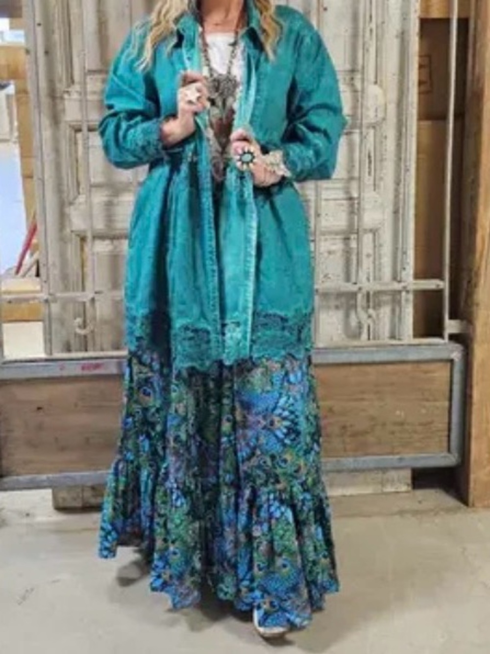 A Rare Bird Peacock Print wide leg pants - Teal & Green